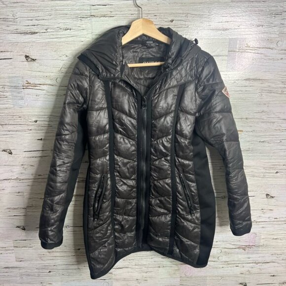 Guess Quilted Lightweight Puffer Coat black brown size small - Picture 1 of 9
